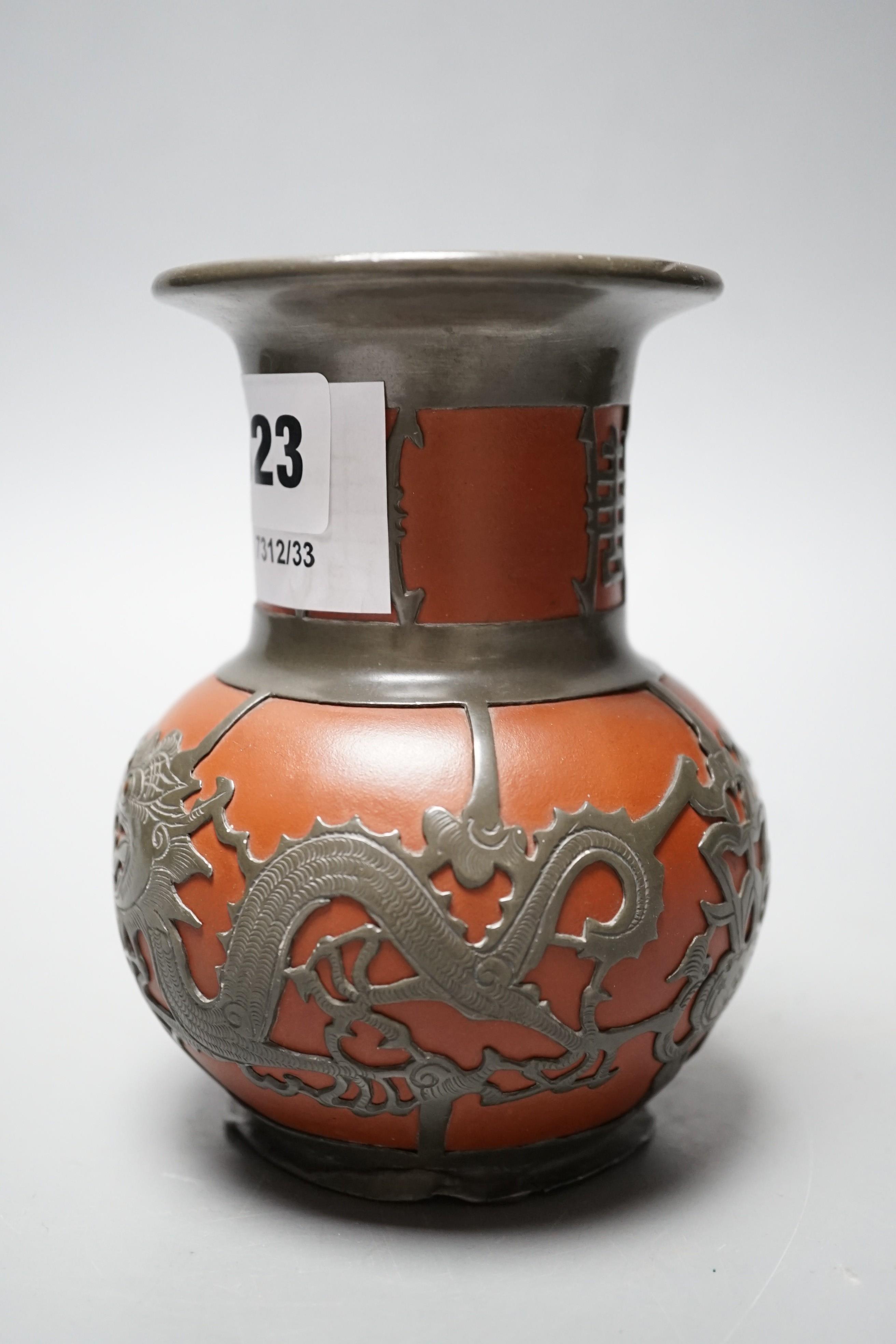 A Chinese pewter mounted red ware vase, 1920's, 13cm